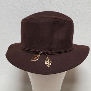 𝅺VINTAGE Brown Wool Felt Leather Band Gold Feather Lined Fedora Hat Bucket Hat